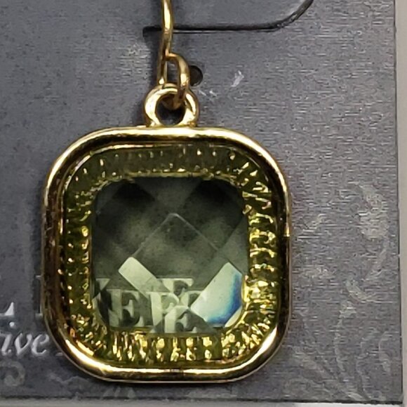 2/$30 Gold tone & Light Green Stone Square Drop 1-inch Earrings, Women Jewelry - Picture 4 of 8